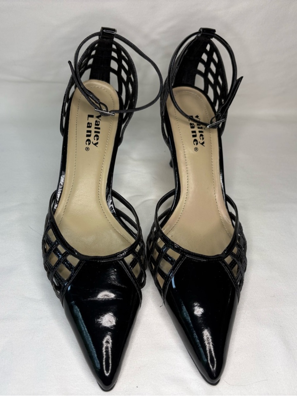 Valley Lane Black Patent Pointed Cage Ankle-Strap Heels